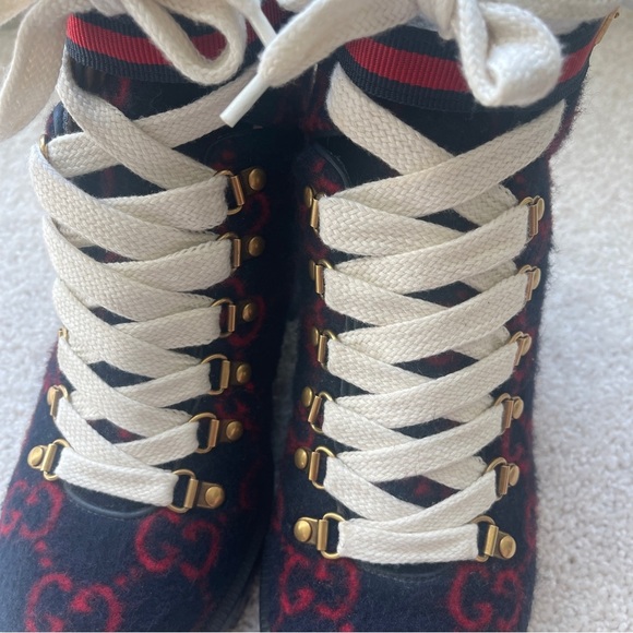 GUCCI Trip GG logo wool combat boots Navy Red - Picture 8 of 13